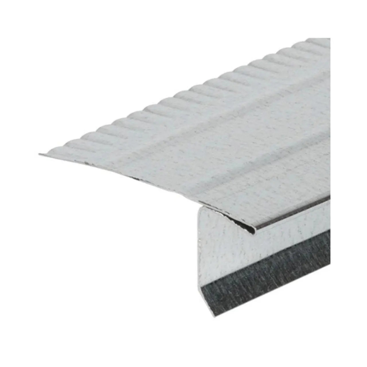 Close-up of a Go Build 1/2 in. x 10 ft. F4 Aluminum Drip Edge - Mill Finish, used for roof edge protection, featuring a perforated flange similar to Amerimax metal drywall corner bead in construction.